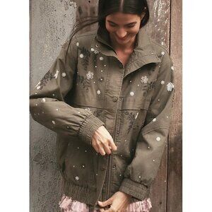 Anthropologie Pilcro Oversized Sequin Bomber Jacket Womens XS 90S Y2K Boho Army